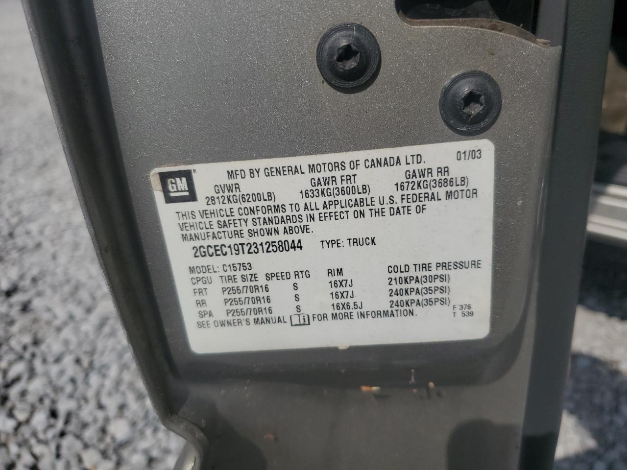 2003 Chevrolet Silverado C1500 VIN: 2GCEC19T231258044 Lot: 84606025