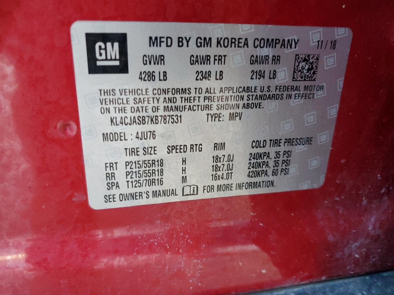 2019 Buick Encore Preferred VIN: KL4CJASB7KB787531 Lot: 71678055