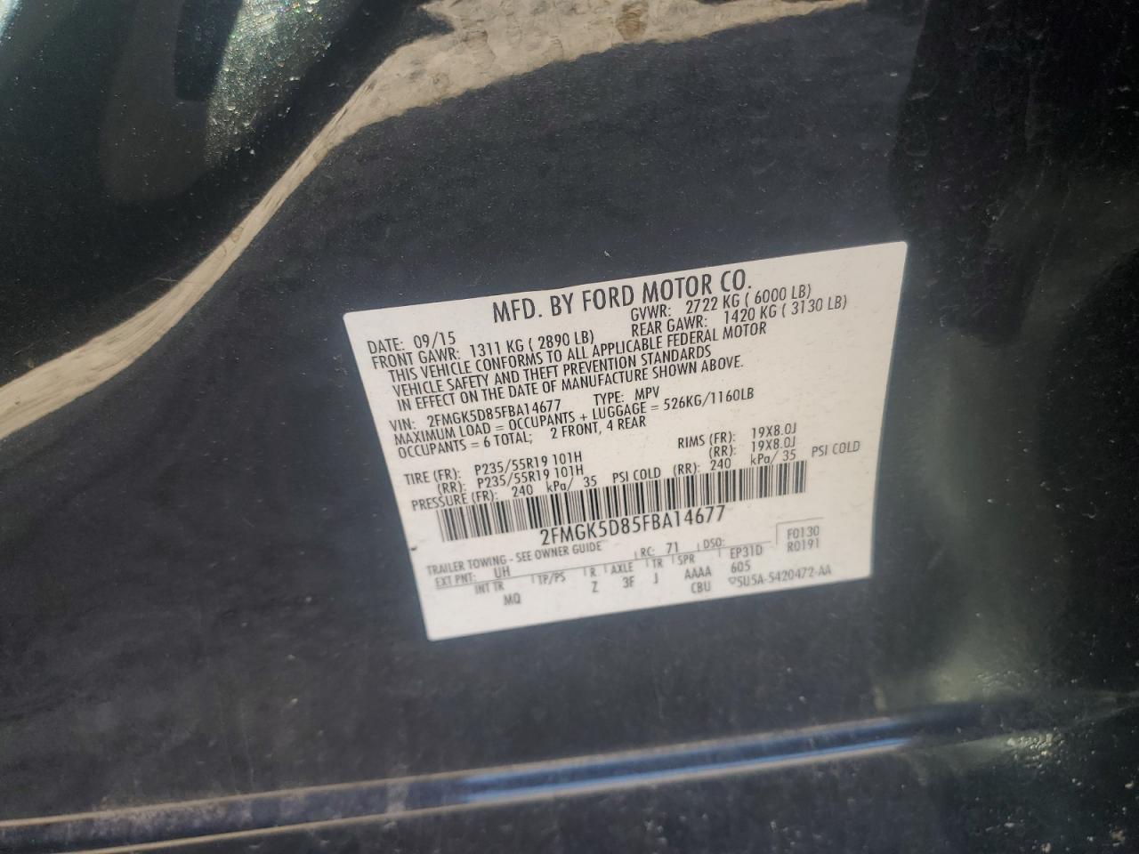 2015 Ford Flex Limited VIN: 2FMGK5D85FBA14677 Lot: 90103035