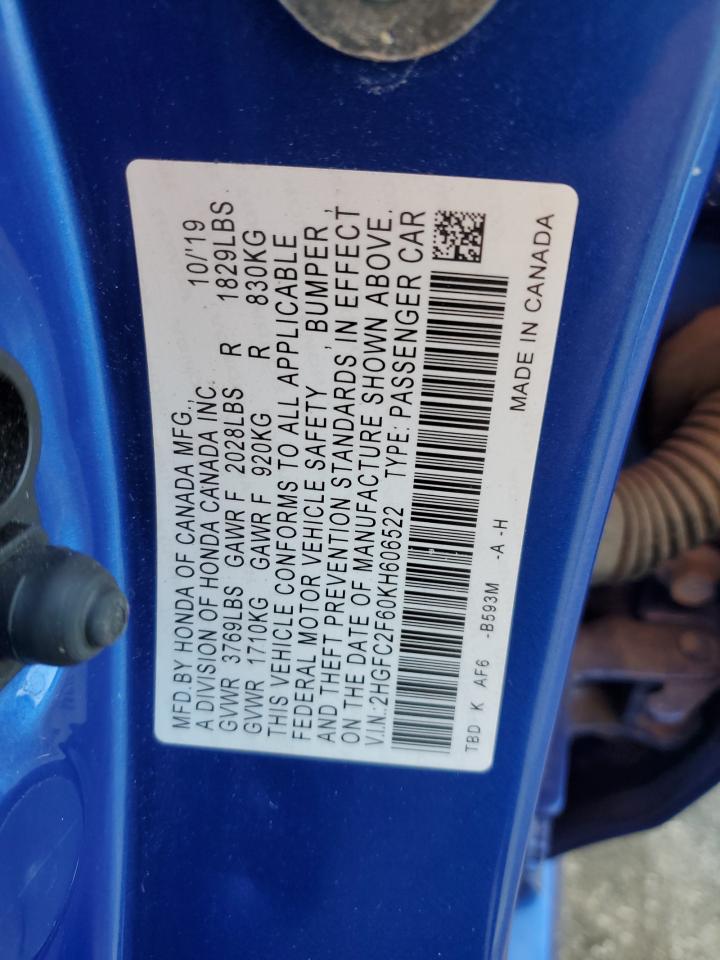 2019 Honda Civic Lx VIN: 2HGFC2F60KH606522 Lot: 81318365
