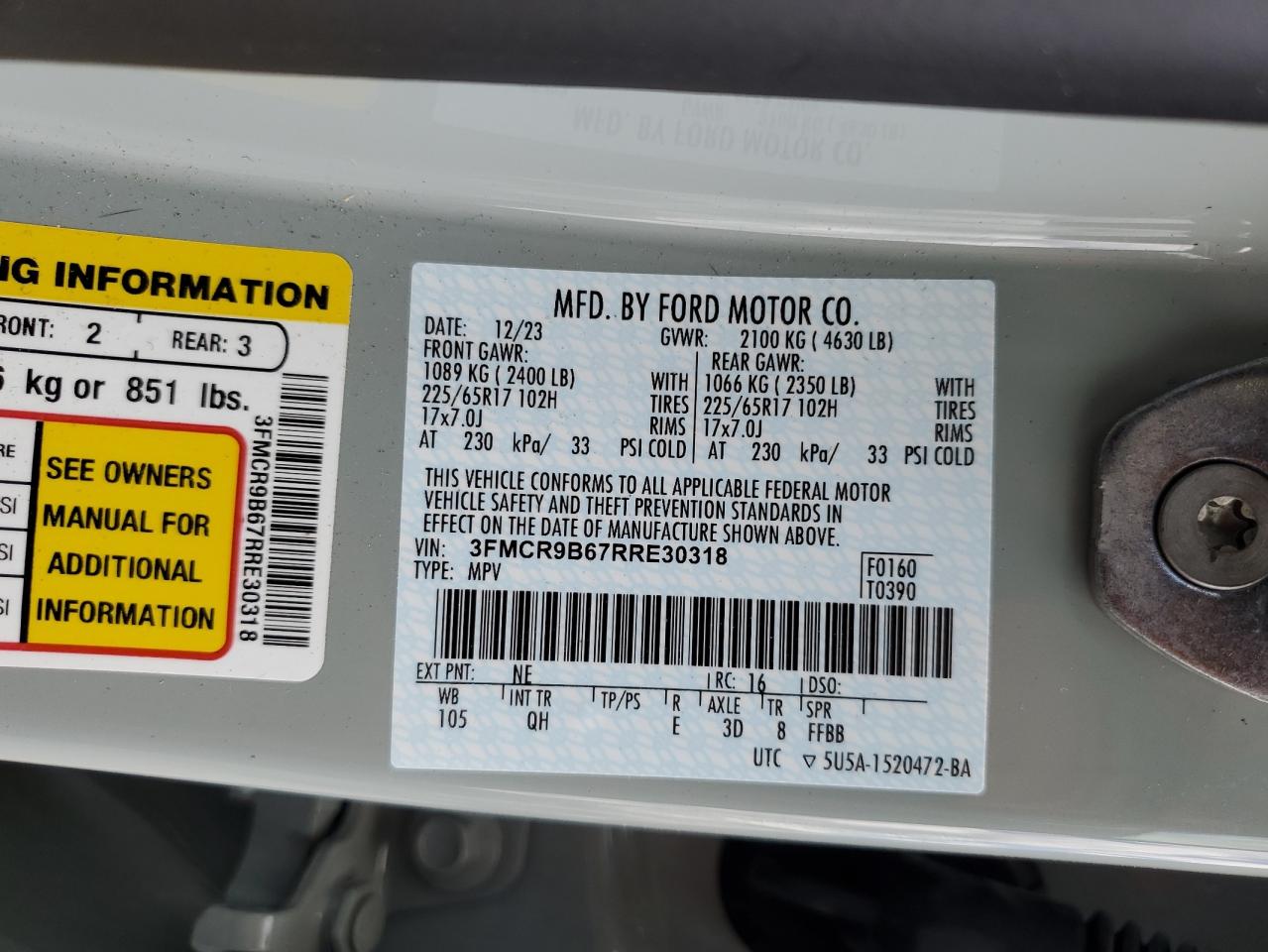 2024 Ford Bronco Sport Big Bend VIN: 3FMCR9B67RRE30318 Lot: 71085175