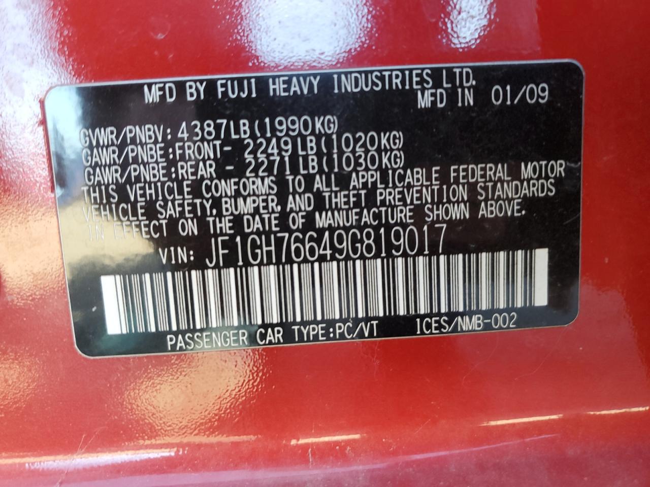2009 Subaru Impreza Wrx VIN: JF1GH76649G819017 Lot: 84027555