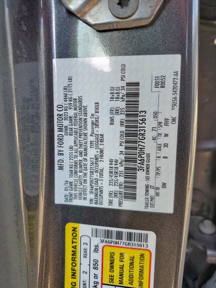 2016 Ford Fusion Se VIN: 3FA6P0H77GR315613 Lot: 84830955