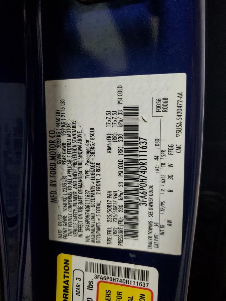 2013 Ford Fusion Se VIN: 3FA6P0H74DR111637 Lot: 83934025