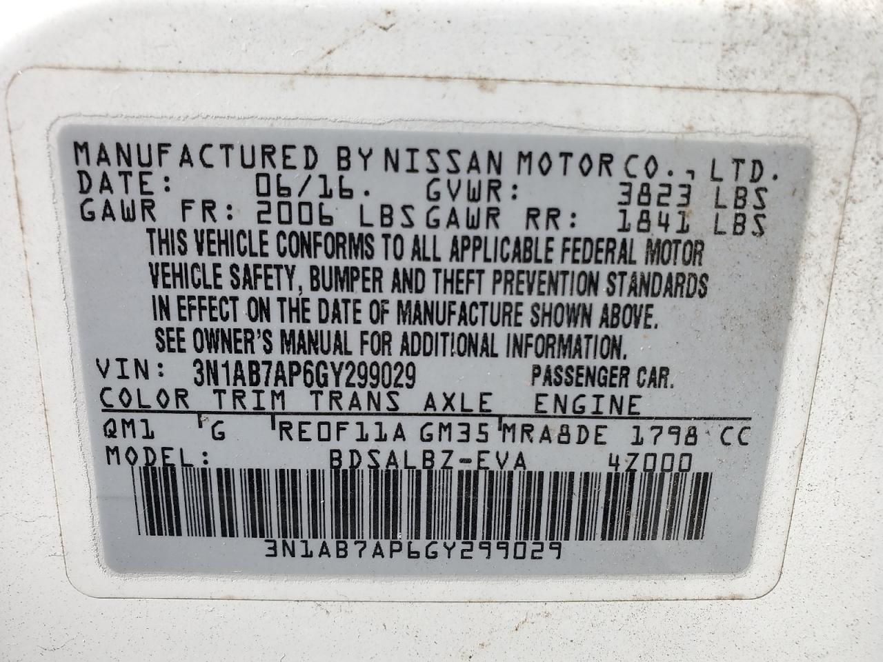 2016 Nissan Sentra S VIN: 3N1AB7AP6GY299029 Lot: 81033325