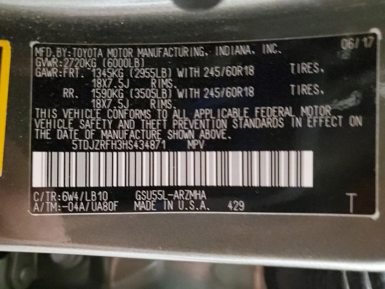 2017 Toyota Highlander Se VIN: 5TDJZRFH3HS434871 Lot: 84557395