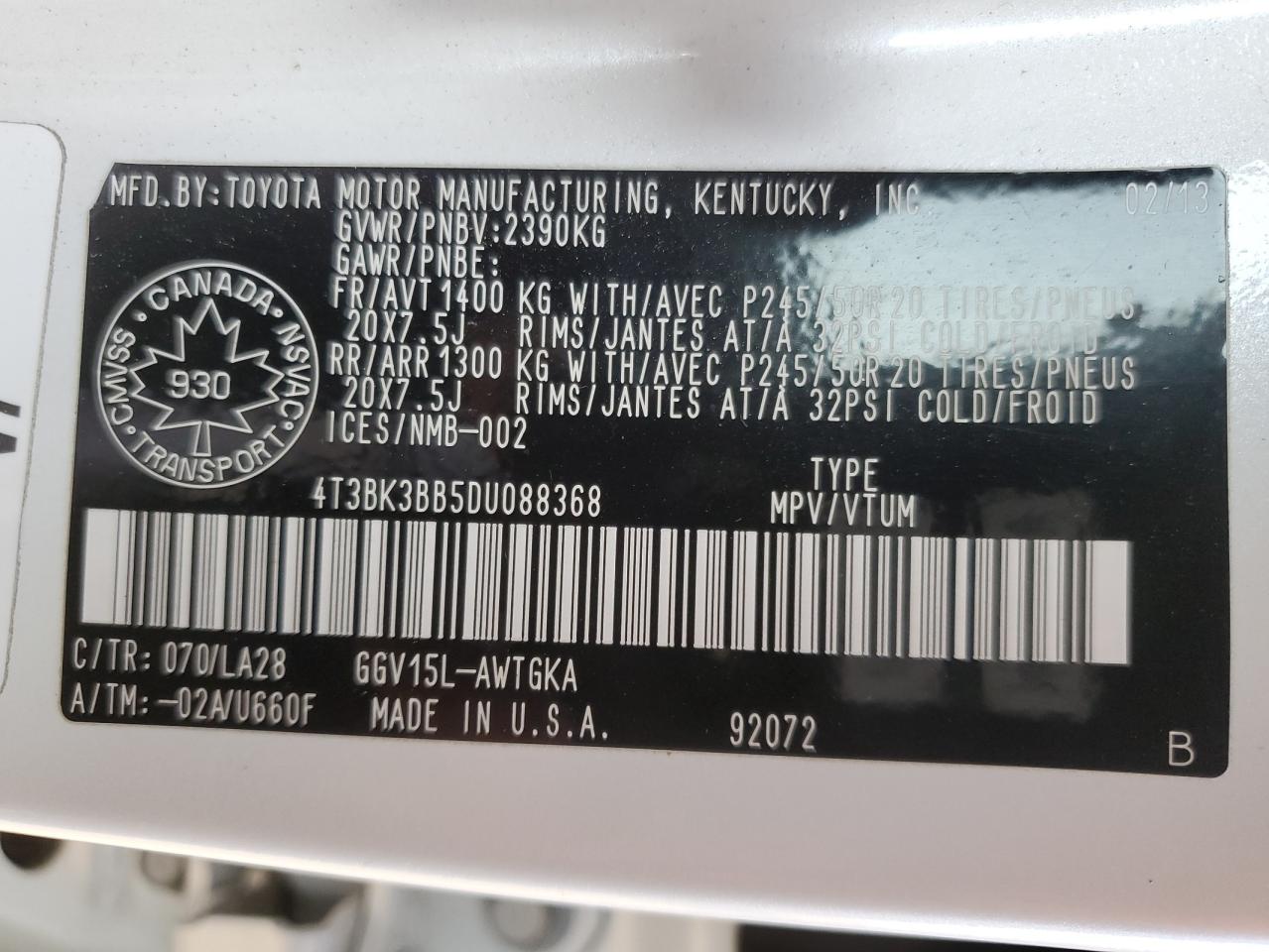 2013 Toyota Venza Le VIN: 4T3BK3BB5DU088368 Lot: 71059435