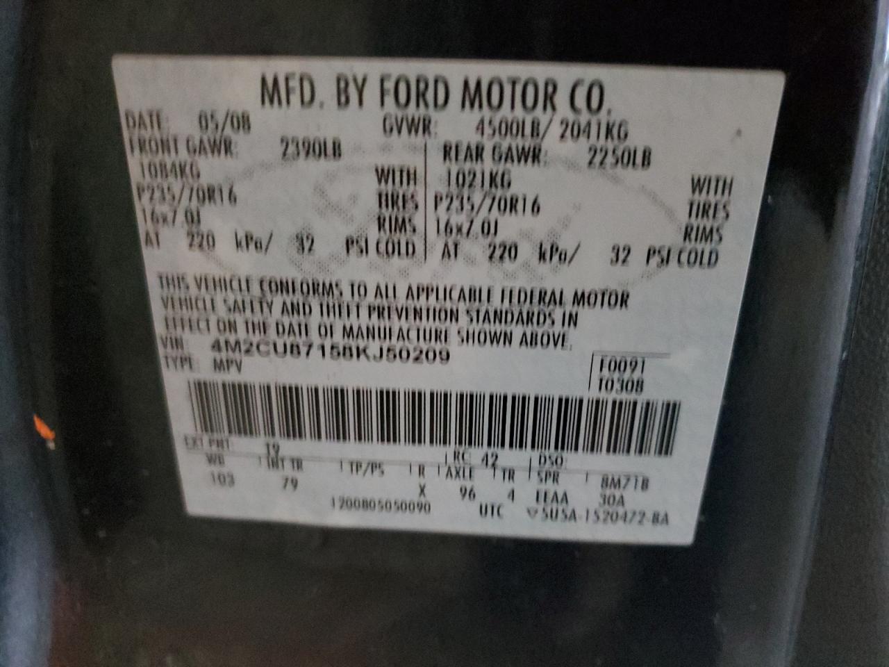 2008 Mercury Mariner Premier VIN: 4M2CU87158KJ50209 Lot: 81479755