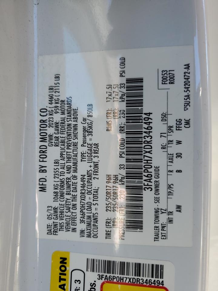 2013 Ford Fusion Se VIN: 3FA6P0H7XDR346494 Lot: 80843785