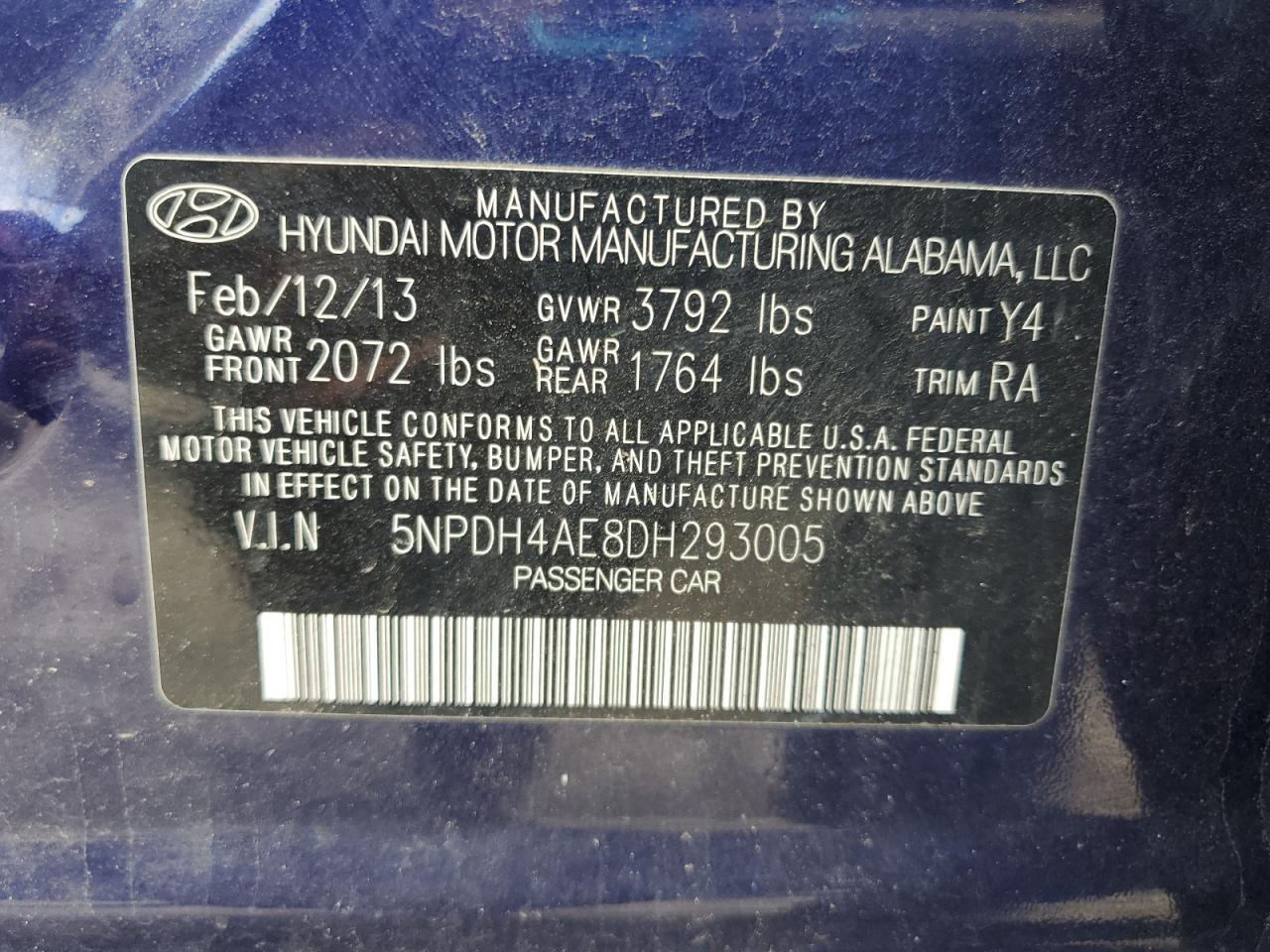 2013 Hyundai Elantra Gls VIN: 5NPDH4AE8DH293005 Lot: 82151695