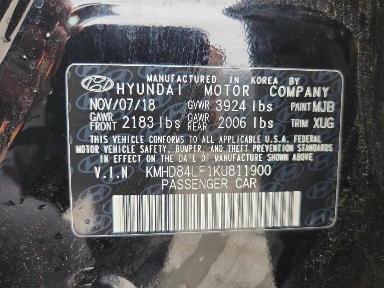 2019 Hyundai Elantra Sel VIN: KMHD84LF1KU811900 Lot: 81445075