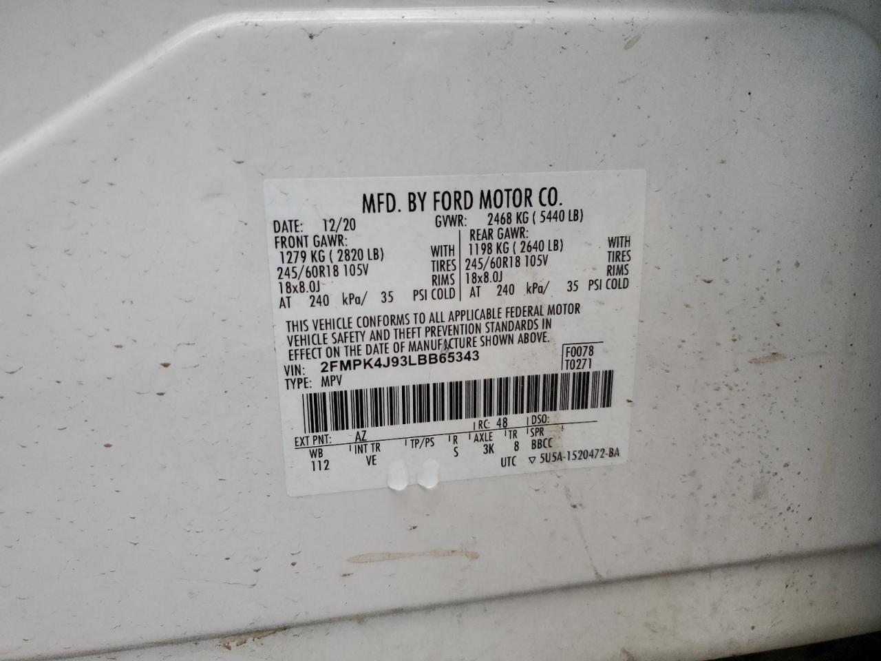 2020 Ford Edge Sel VIN: 2FMPK4J93LBB65343 Lot: 71181315