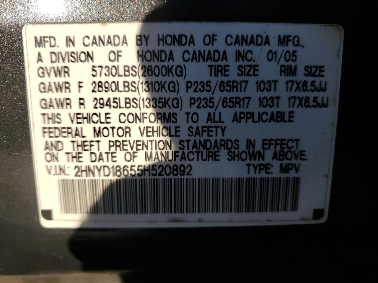 2005 Acura Mdx Touring VIN: 2HNYD18655H520892 Lot: 84270165