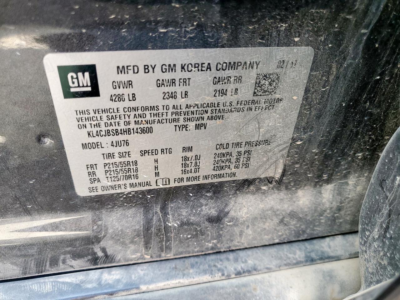 2017 Buick Encore Preferred Ii VIN: KL4CJBSB4HB143600 Lot: 80830395