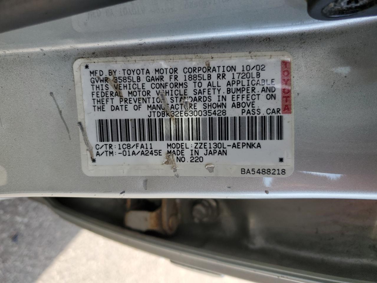 2003 Toyota Corolla Ce VIN: JTDBR32E630035428 Lot: 84373095