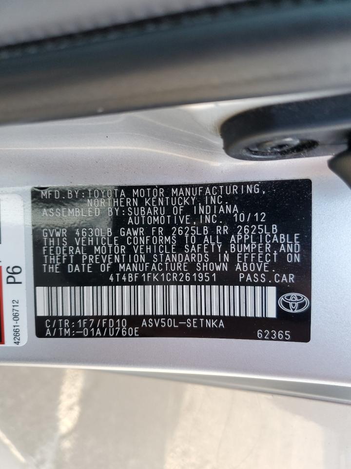 2012 Toyota Camry Base VIN: 4T4BF1FK1CR261951 Lot: 84289865