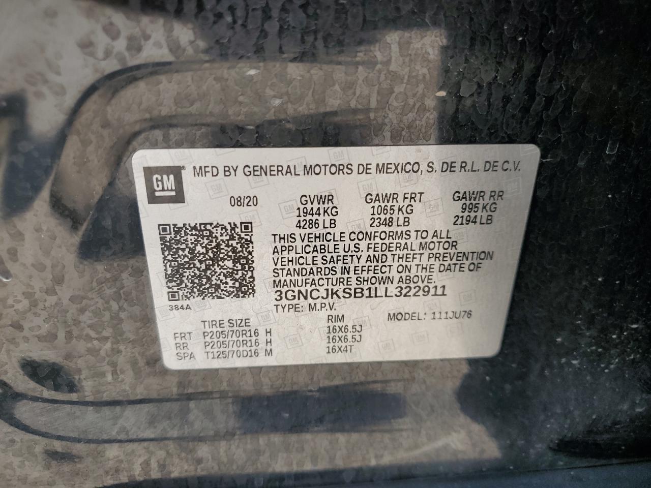 2020 Chevrolet Trax Ls VIN: 3GNCJKSB1LL322911 Lot: 81003565