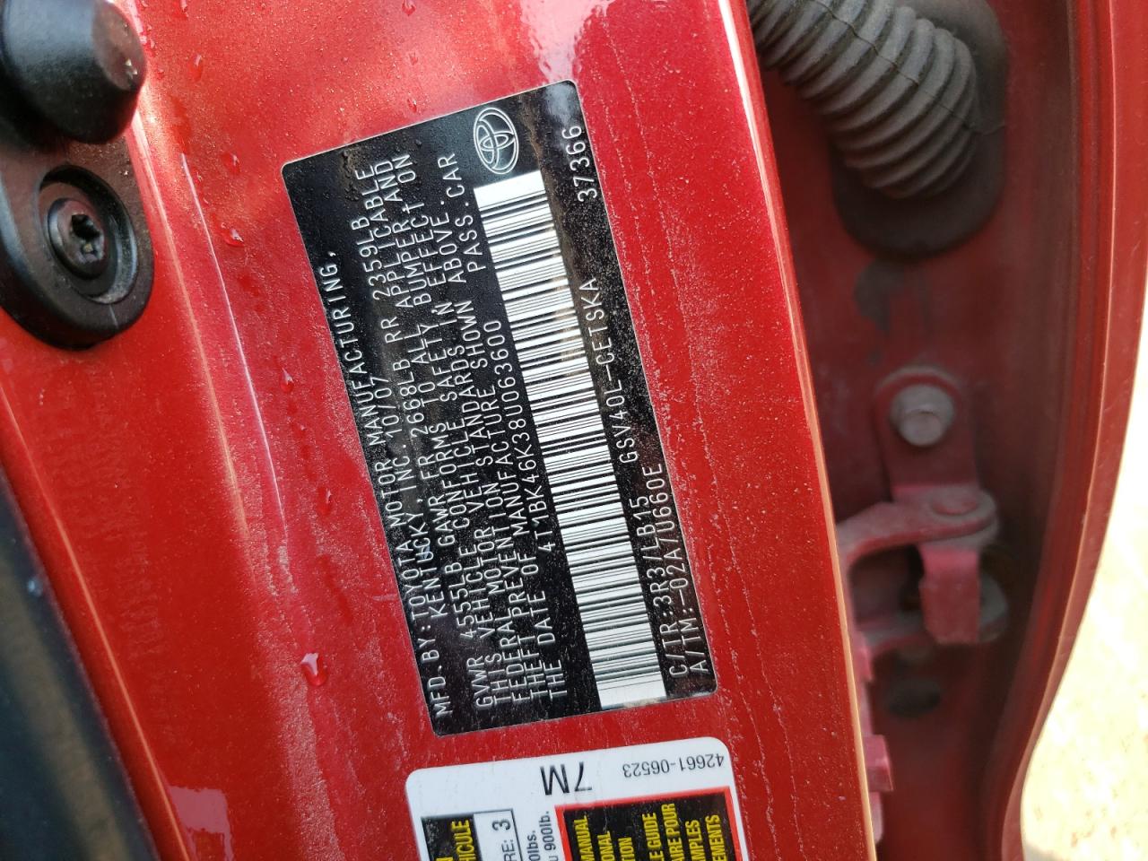 2008 Toyota Camry Le VIN: 4T1BK46K38U063600 Lot: 71073865