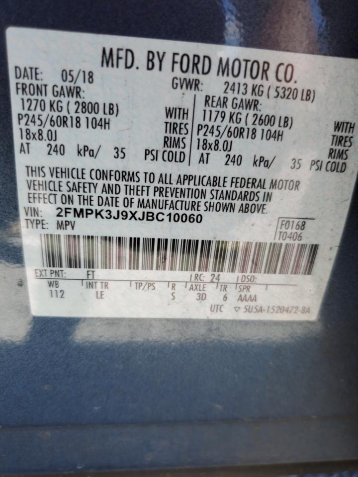 2018 Ford Edge Sel VIN: 2FMPK3J9XJBC10060 Lot: 83871575