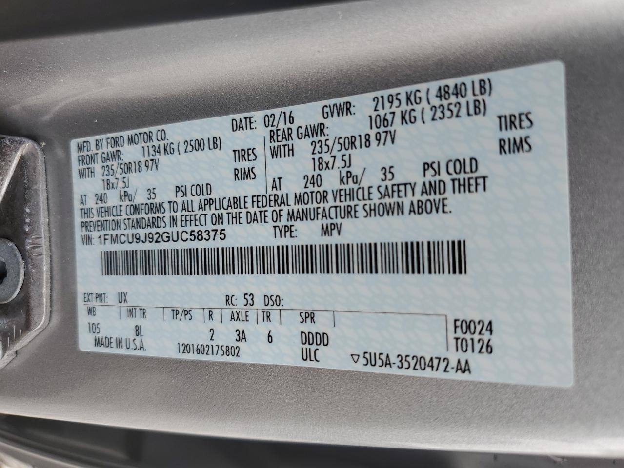 2016 Ford Escape Titanium VIN: 1FMCU9J92GUC58375 Lot: 81621145