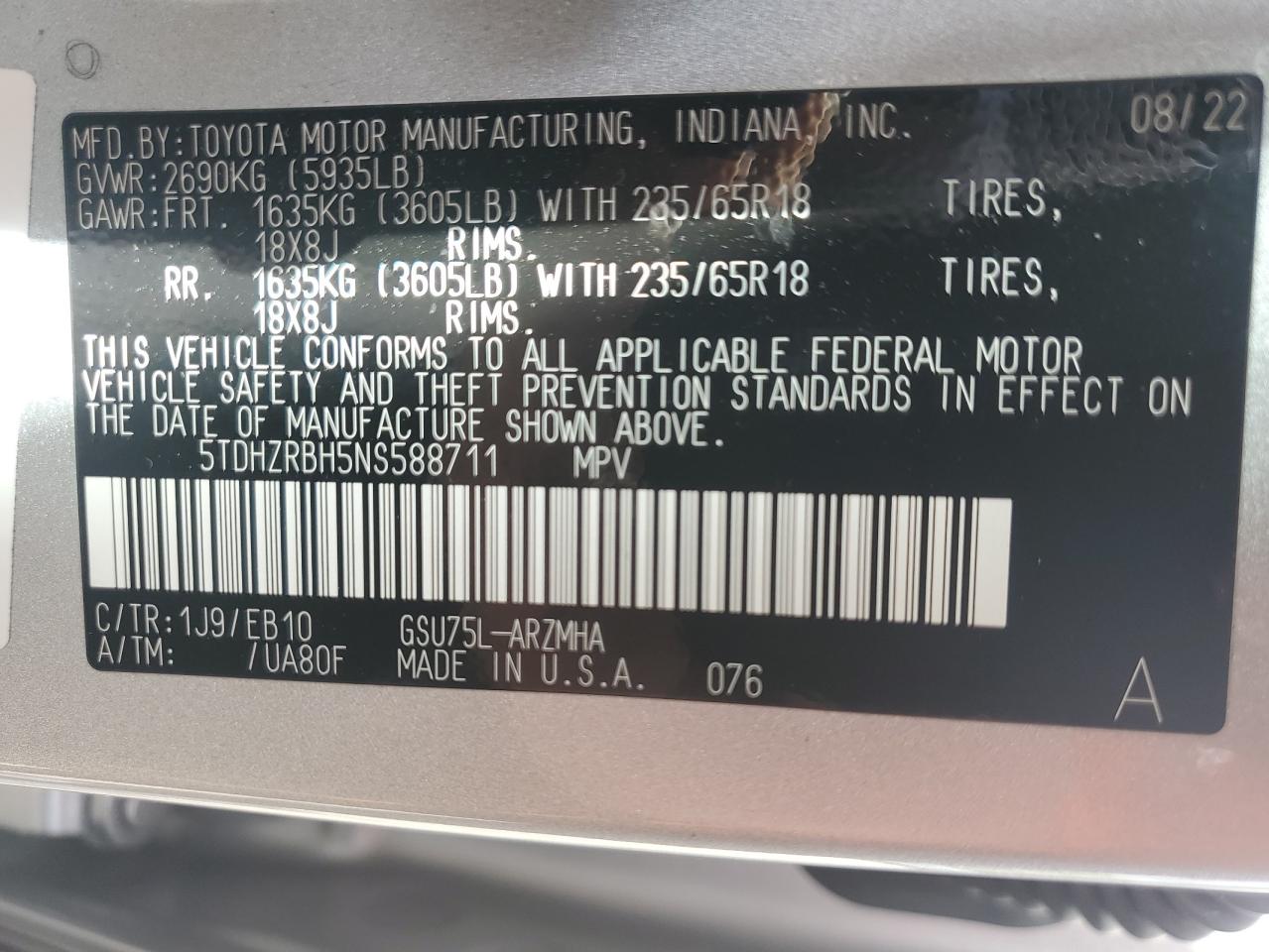 2022 Toyota Highlander Xle VIN: 5TDHZRBH5NS588711 Lot: 72043085