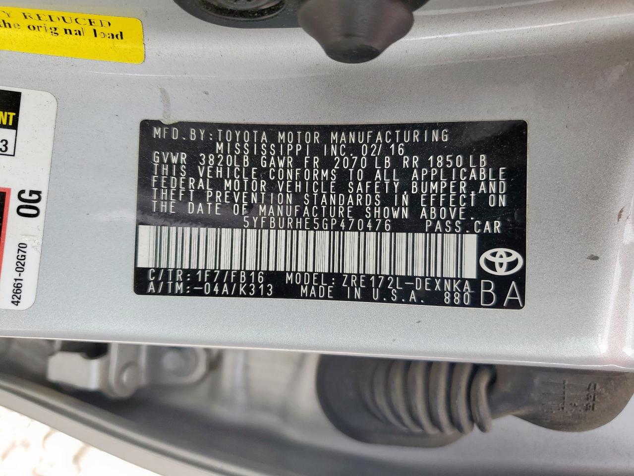 2016 Toyota Corolla L VIN: 5YFBURHE5GP470476 Lot: 83830835