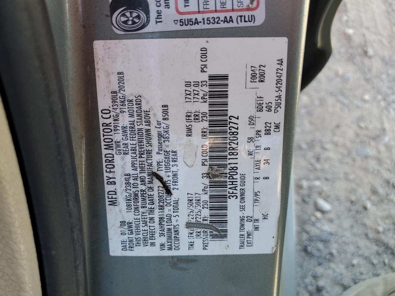 2008 Ford Fusion Sel VIN: 3FAHP08118R208272 Lot: 82147125