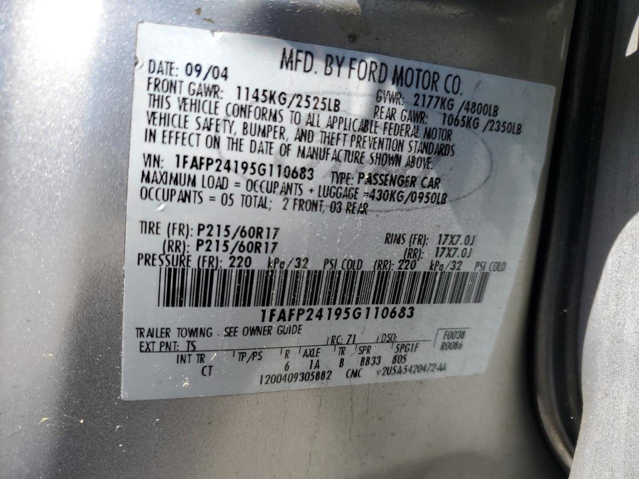 2005 Ford Five Hundred Sel VIN: 1FAFP24195G110683 Lot: 81465505