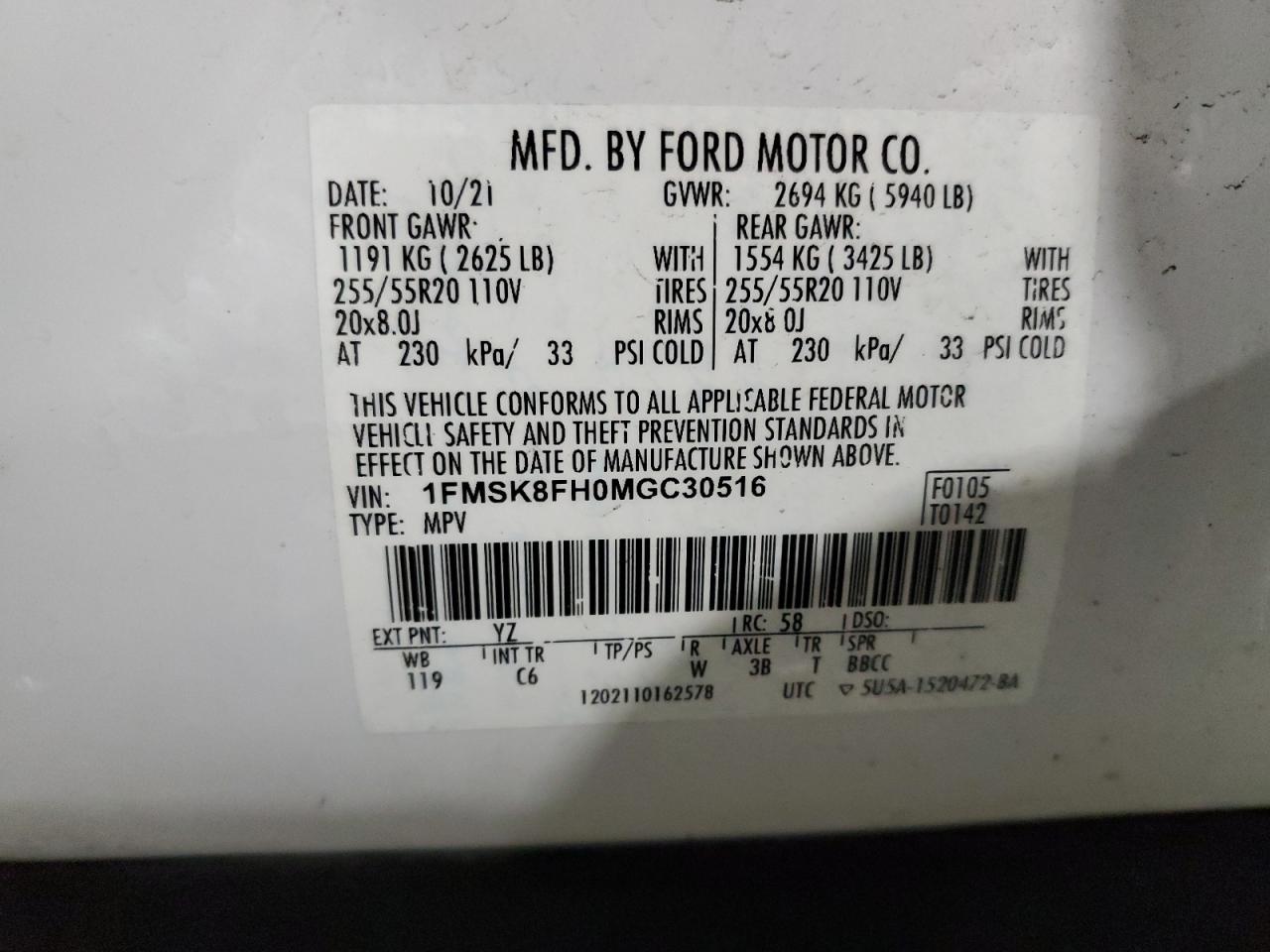 2021 Ford Explorer Limited VIN: 1FMSK8FH0MGC30516 Lot: 83986305