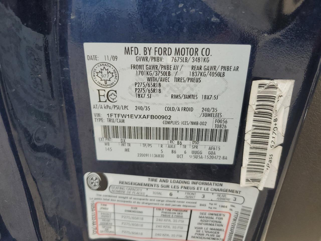 2010 Ford F150 Supercrew VIN: 1FTFW1EVXAFB00902 Lot: 80693265