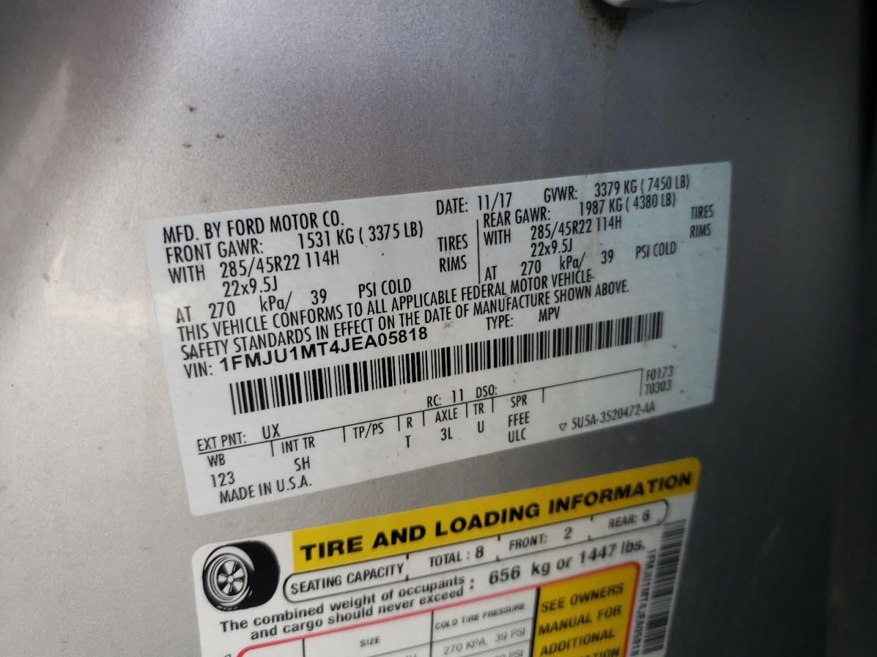 2018 Ford Expedition Platinum VIN: 1FMJU1MT4JEA05818 Lot: 81056055