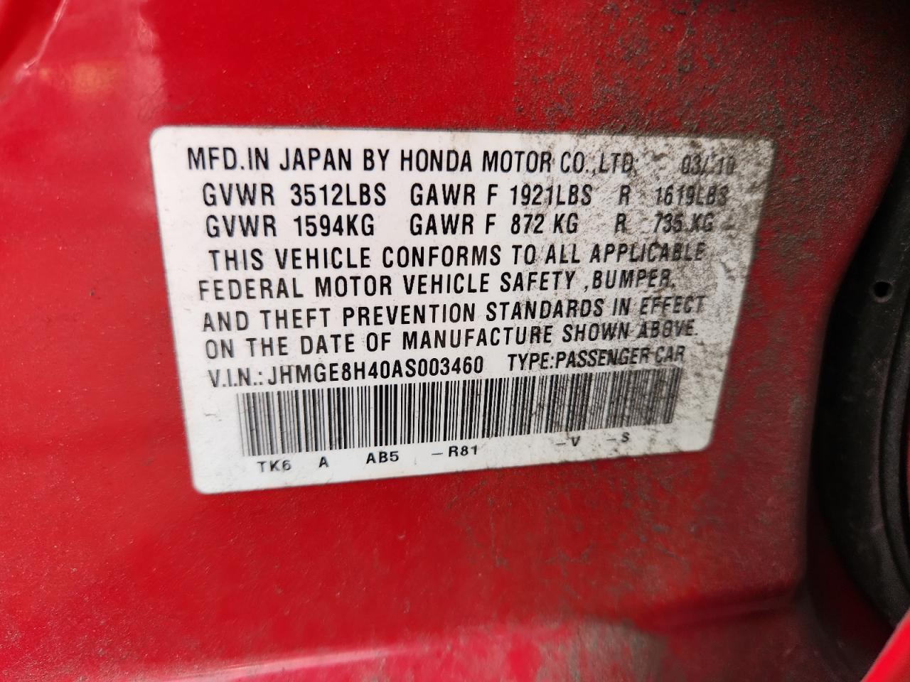 2010 Honda Fit Sport VIN: JHMGE8H40AS003460 Lot: 72076075