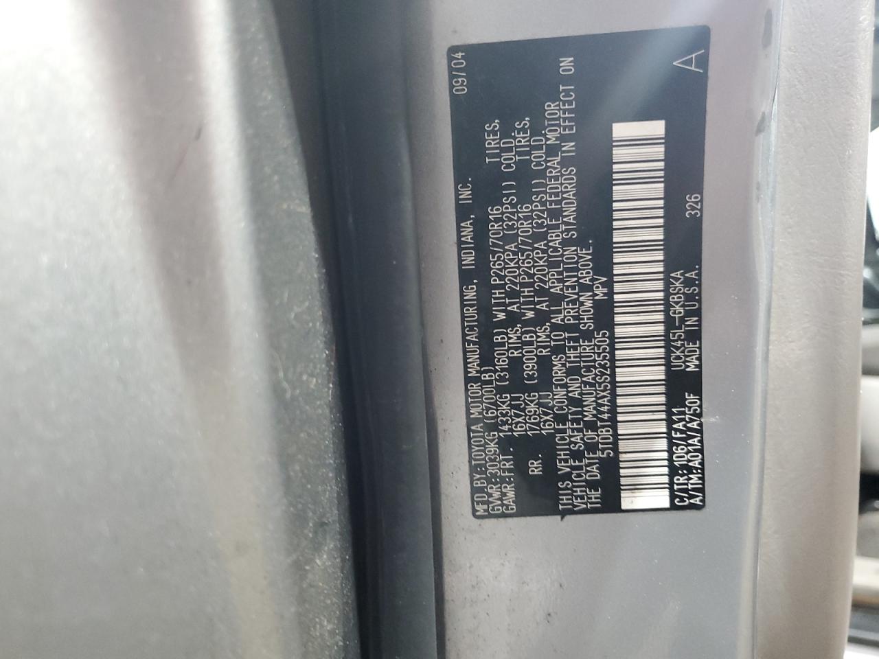 2005 Toyota Sequoia Sr5 VIN: 5TDBT44AX5S235505 Lot: 80778125