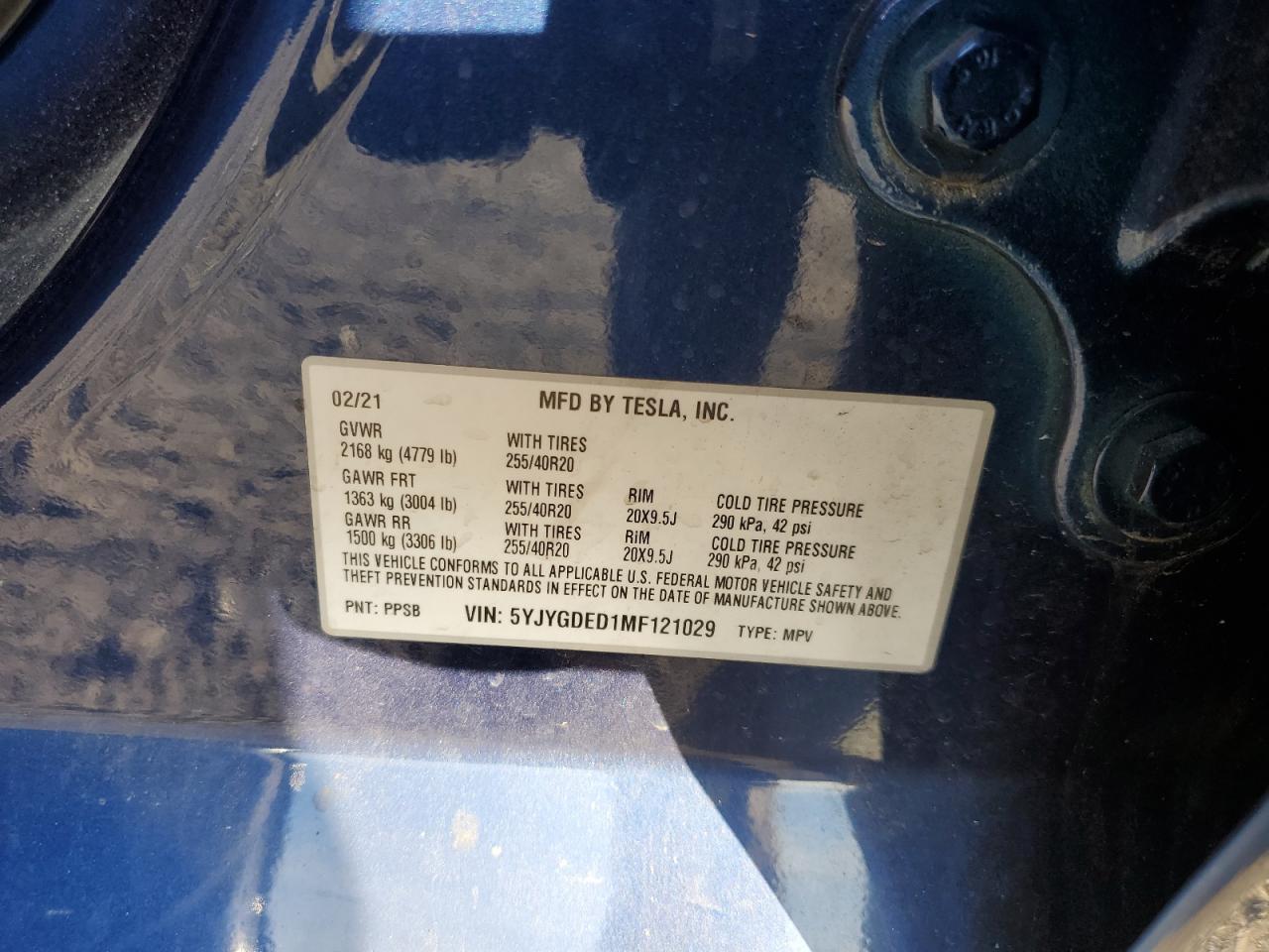 2021 Tesla Model Y VIN: 5YJYGDED1MF121029 Lot: 71233775