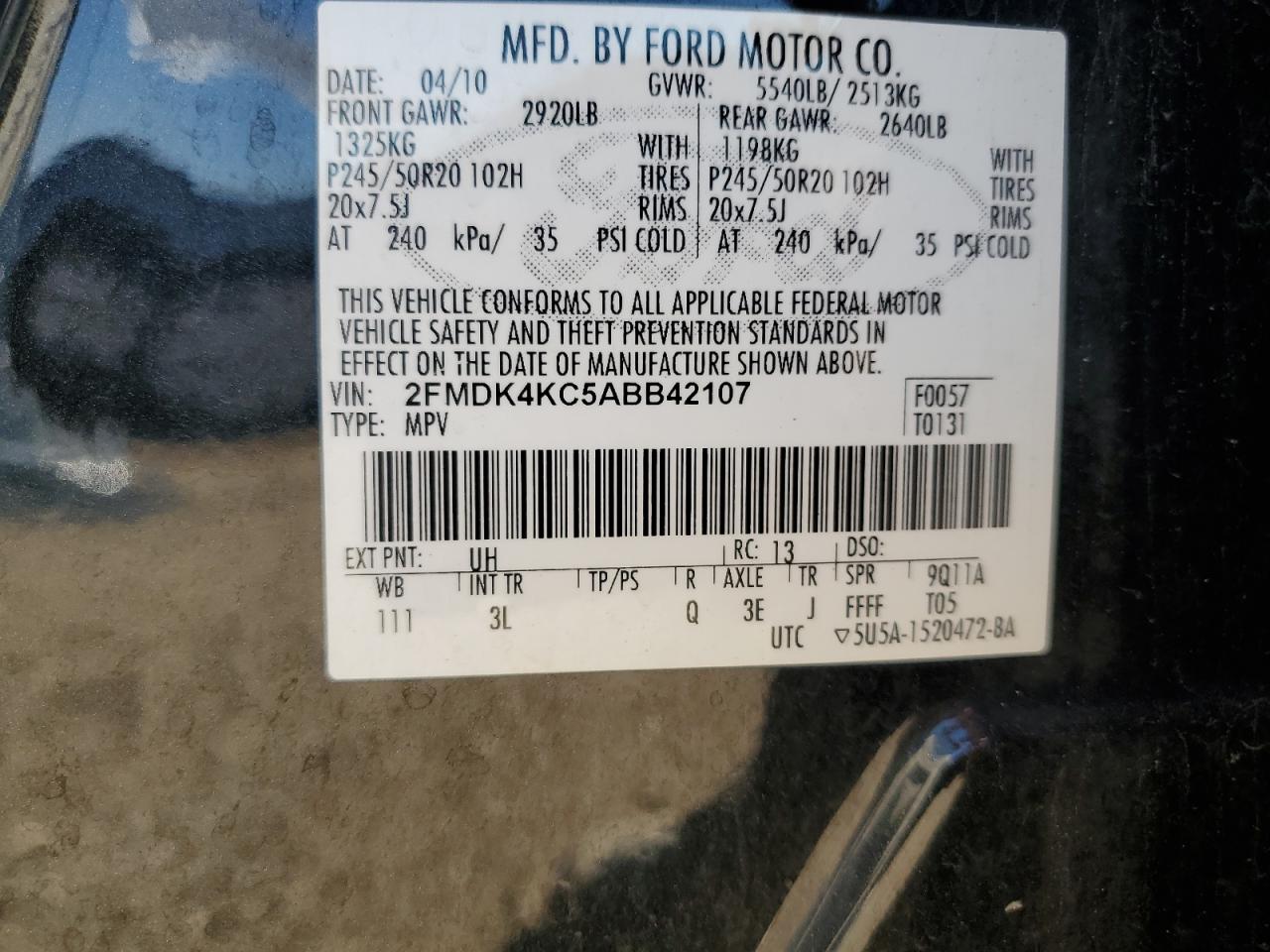 2010 Ford Edge Limited VIN: 2FMDK4KC5ABB42107 Lot: 81100095