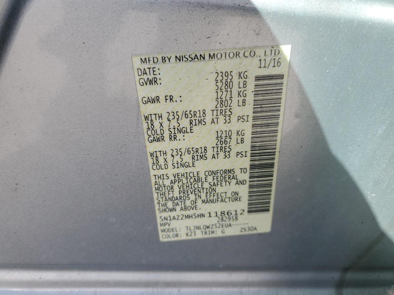 2017 Nissan Murano S VIN: 5N1AZ2MH5HN118612 Lot: 70660145