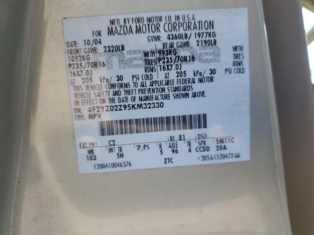 2005 Mazda Tribute I VIN: 4F2YZ02Z95KM32330 Lot: 80408655