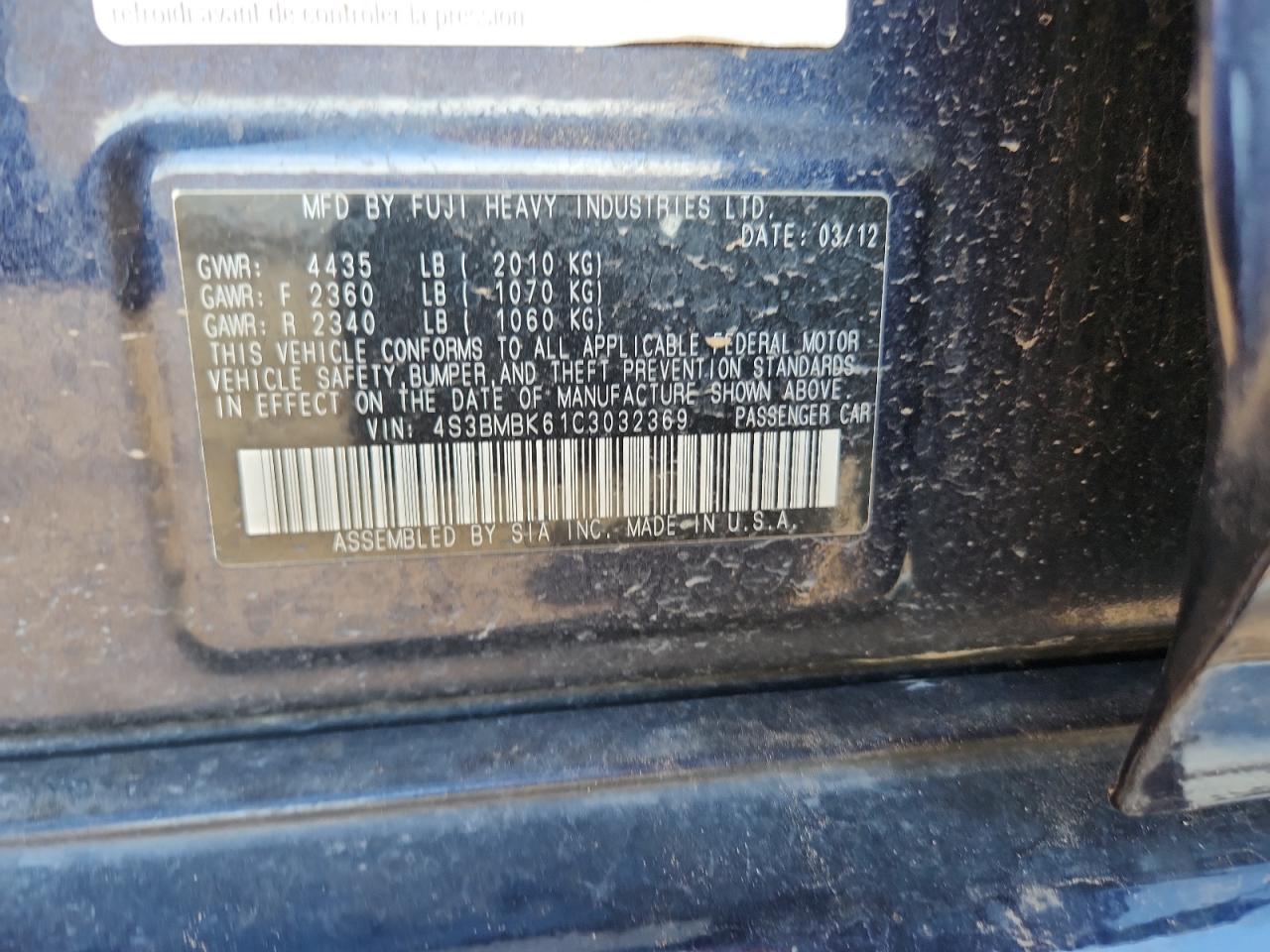 2012 Subaru Legacy 2.5I Limited VIN: 4S3BMBK61C3032369 Lot: 69943695