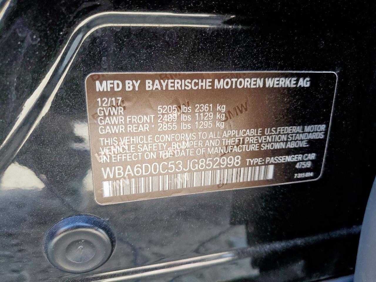 2018 BMW 640 I Gran Coupe VIN: WBA6D0C53JG852998 Lot: 84831685