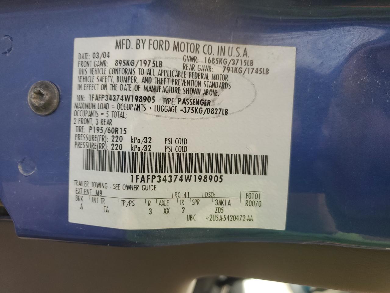 2004 Ford Focus Se Comfort VIN: 1FAFP34374W198905 Lot: 83944015