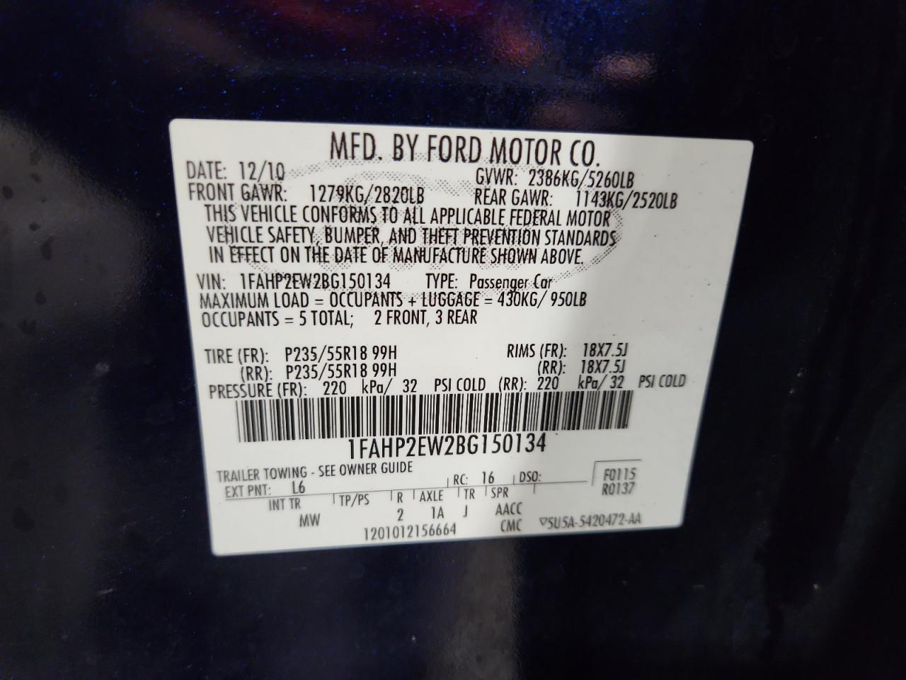 2011 Ford Taurus Sel VIN: 1FAHP2EW2BG150134 Lot: 81685665