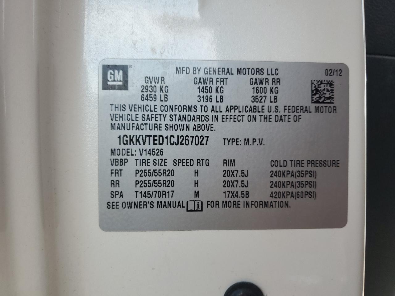 2012 GMC Acadia Denali VIN: 1GKKVTED1CJ267027 Lot: 80440175