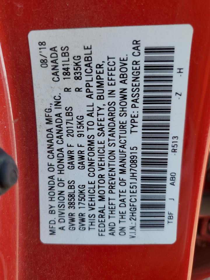 2018 Honda Civic Si VIN: 2HGFC1E51JH708915 Lot: 81698375