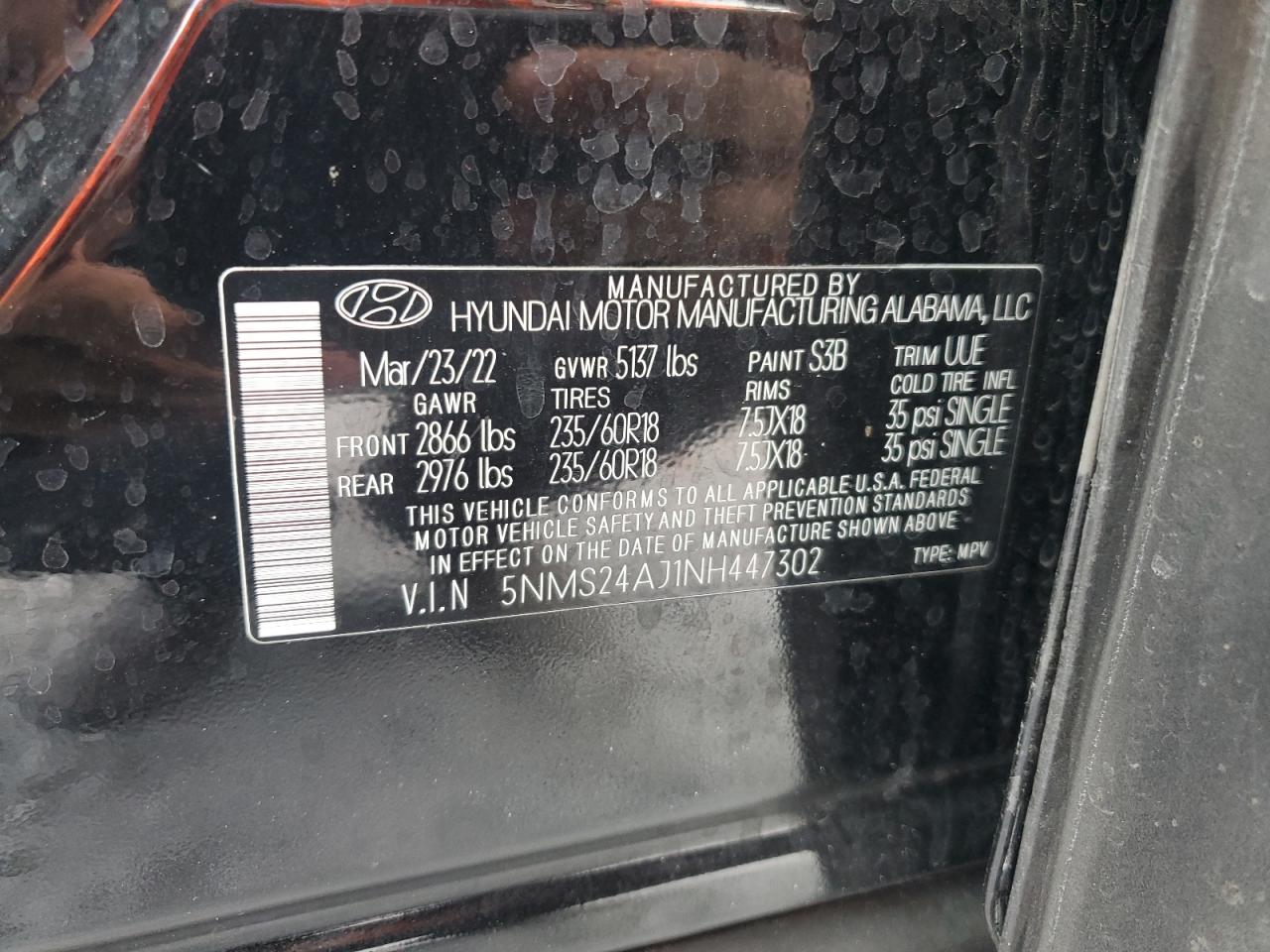 2022 Hyundai Santa Fe Sel VIN: 5NMS24AJ1NH447302 Lot: 81159815