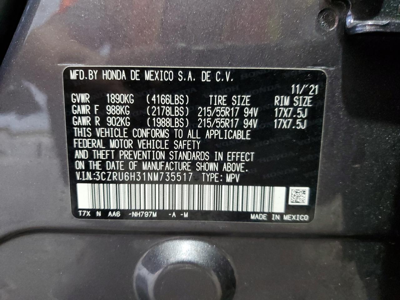 2022 Honda Hr-V Lx VIN: 3CZRU6H31NM735517 Lot: 80914645