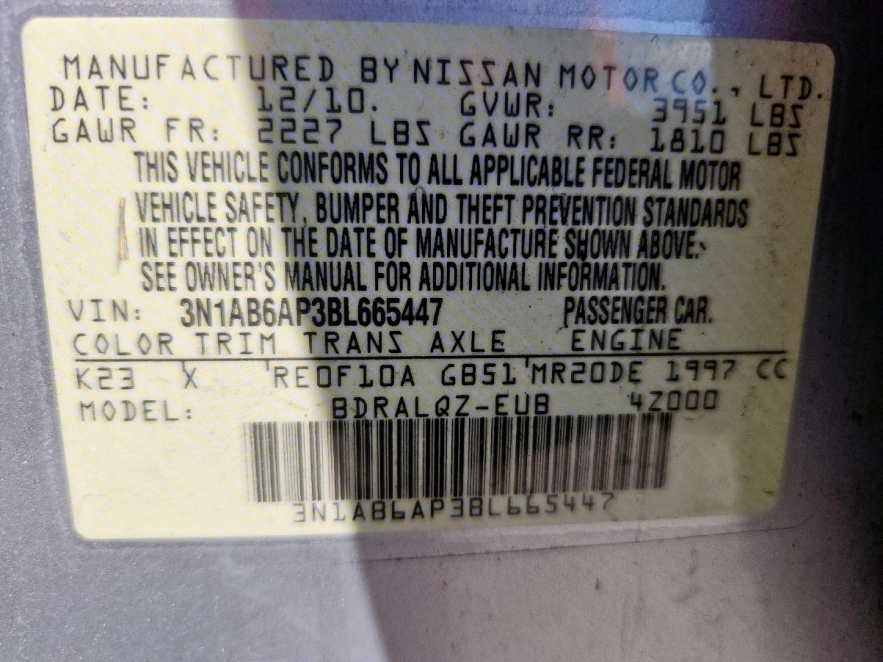 2011 Nissan Sentra 2.0 VIN: 3N1AB6AP3BL665447 Lot: 82151505