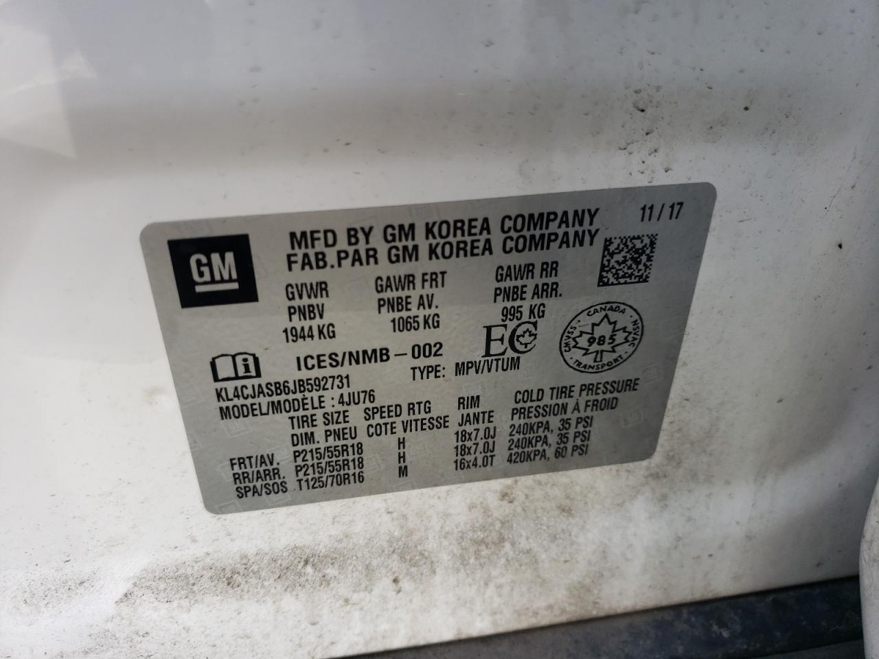 2018 Buick Encore Preferred VIN: KL4CJASB6JB592731 Lot: 81143965