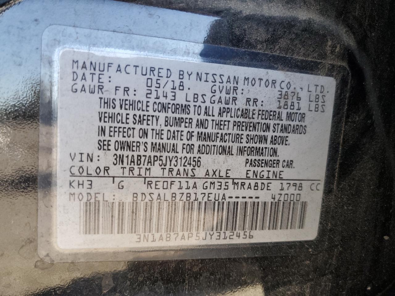 2018 Nissan Sentra S VIN: 3N1AB7AP5JY312456 Lot: 71185875