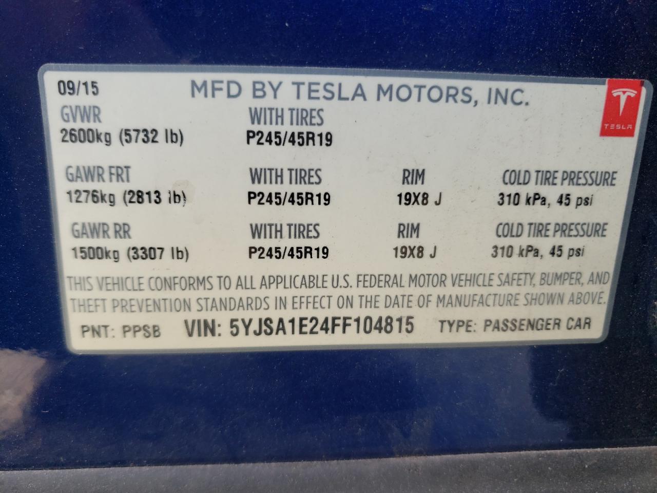 2015 Tesla Model S VIN: 5YJSA1E24FF104815 Lot: 71048625