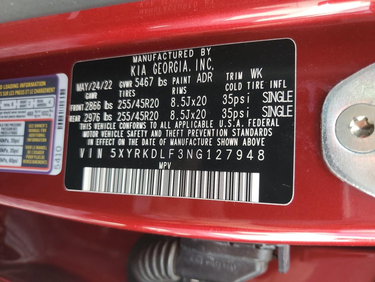 2022 Kia Sorento Sx VIN: 5XYRKDLF3NG127948 Lot: 70281865